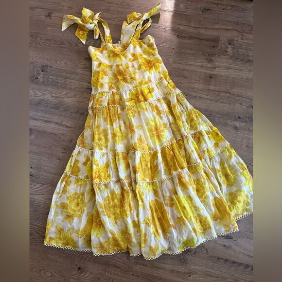 NEW Alemais Sonny Tiered Linen Midi Dress Size 6 (US) Lemon Yellow Floral - Picture 6 of 8